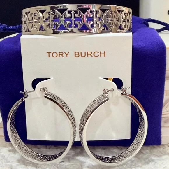 Tory Burch SET - Kinsley silver cuff bracelet & Kinsley Hoop Earrings + dust bag - Picture 10 of 12